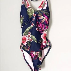 Brand New Kona Sol Tropical One Piece Swimsuit Navy Blue Braided Straps Sz S